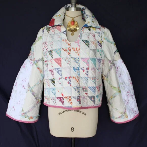 Hand crafted vintage patchwork quilt Blanket jacket tunic  sweater free people - Picture 4 of 11